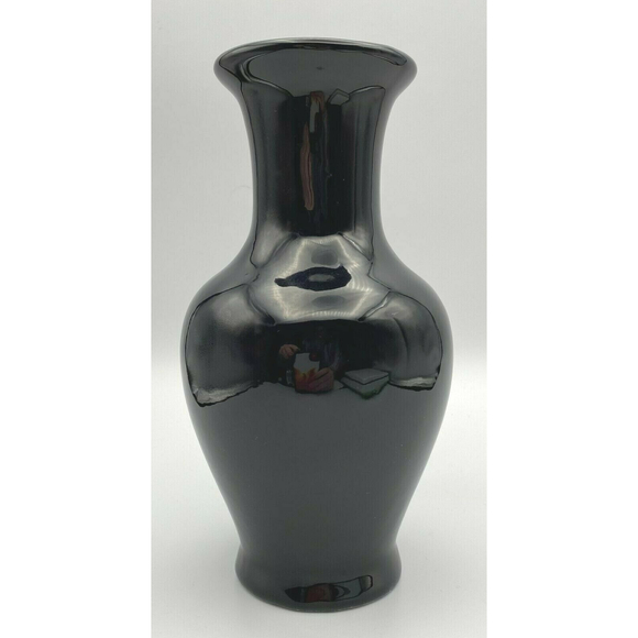 Vintage Japanese Cranes Floral Gold Accent Black Porcelain Vase 8" PRETTY - Picture 4 of 7